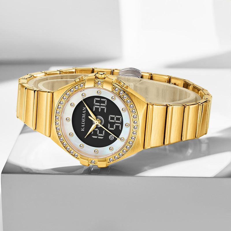 Crystal Elegant Design Dual Display Watch Full Steel Kvartsur Til Kvinder
