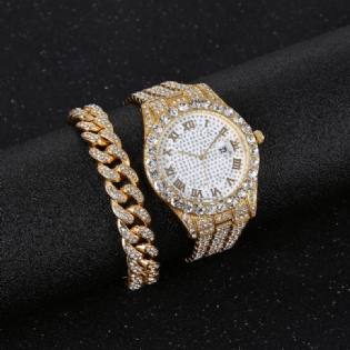 Hip Hop Luxury 2 Stk Hip-hop Chain Fuld Diamond Watch Armbånd Lady Quartz Watch