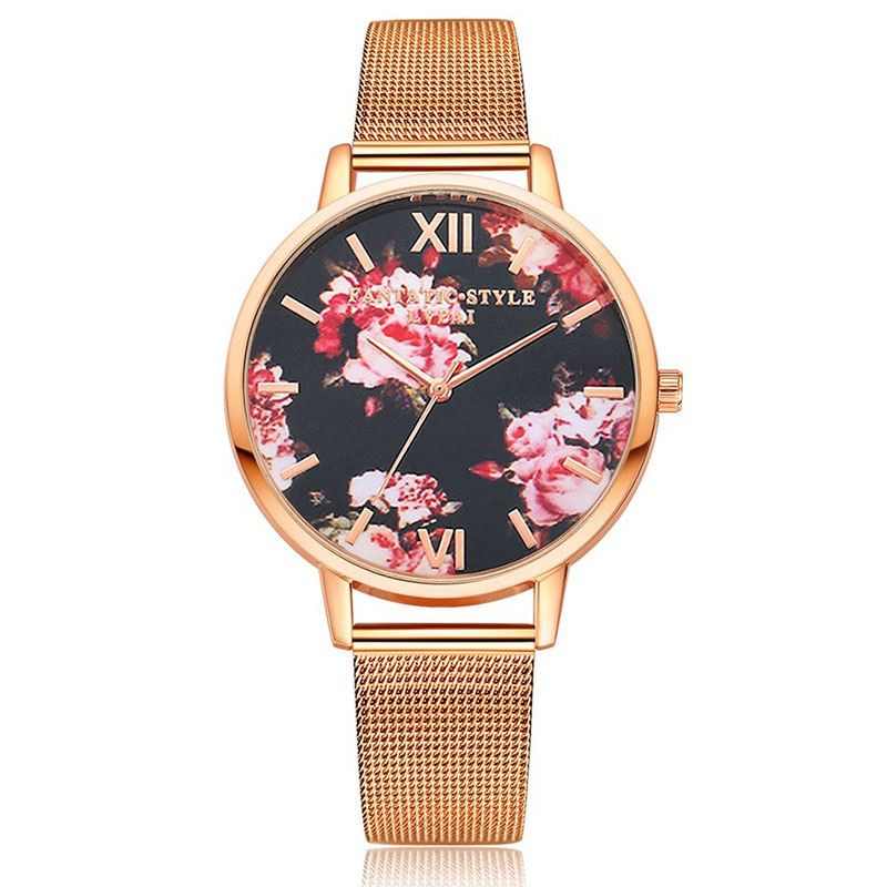 Mesh Stålbånd Casual Style Damearmbåndsur Blomster Elegant Design Quartz Watch