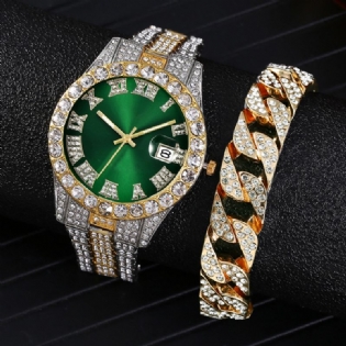 Mode 2 Stk/sæt Diamond Business Watch Dekoreret Pointer Quartz Watch Armbånd