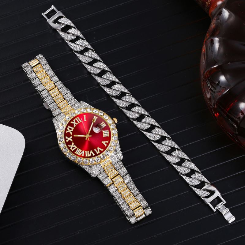 Mode 2 Stk/sæt Diamond Business Watch Dekoreret Pointer Quartz Watch Armbånd