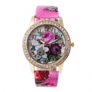 Mode Bohemia Style Kvinder Watch Læderrem Retro Rose Pattern Quartz Watch