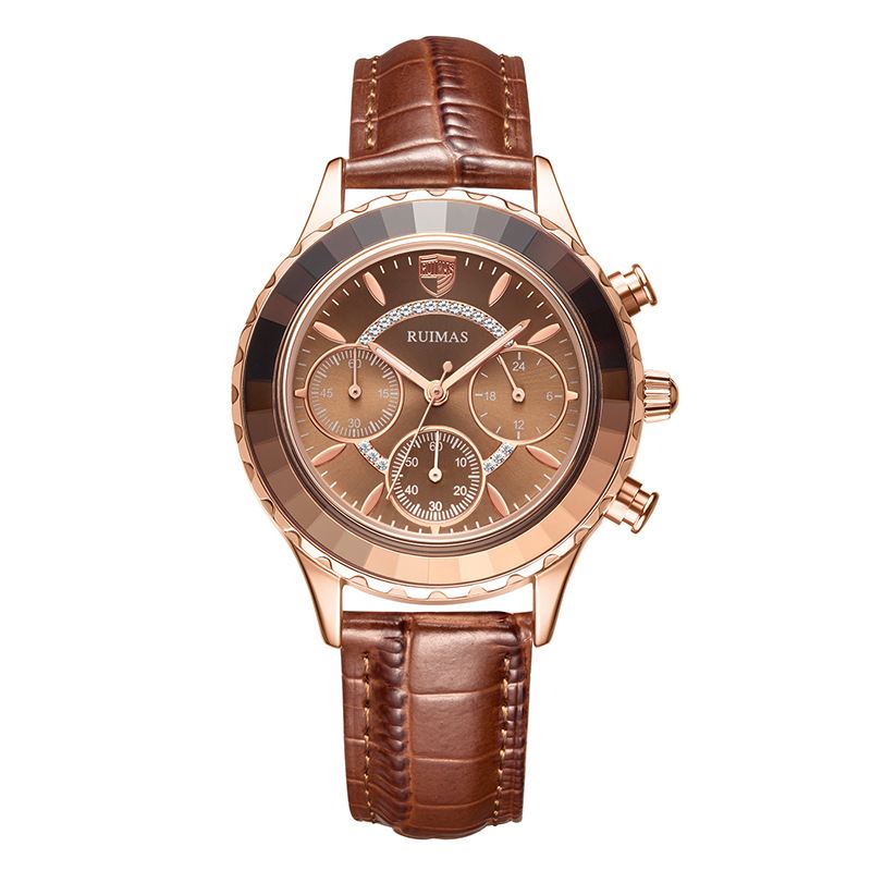 Mode Dameur Vandtæt Chronograph Læderrem Light Luxury Quartz Watch
