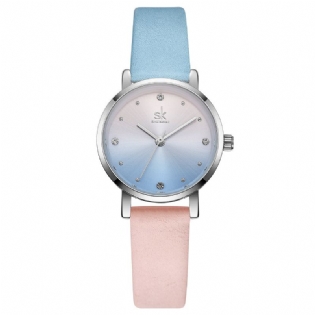 Mode Farve Gradient Læderrem Luksus Kvinder Crystal Dial Quartz Watch