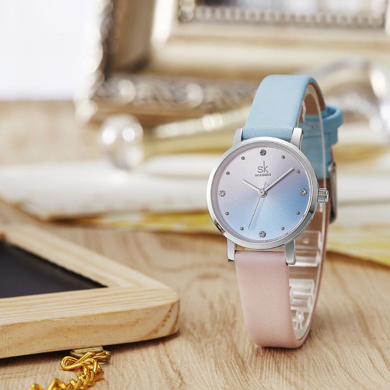 Mode Farve Gradient Læderrem Luksus Kvinder Crystal Dial Quartz Watch