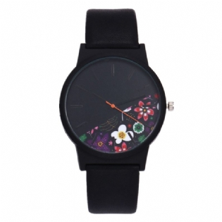 Mode Kvinder Quartz Watch Rose Patten Casual Dial Læderrem Armbåndsur