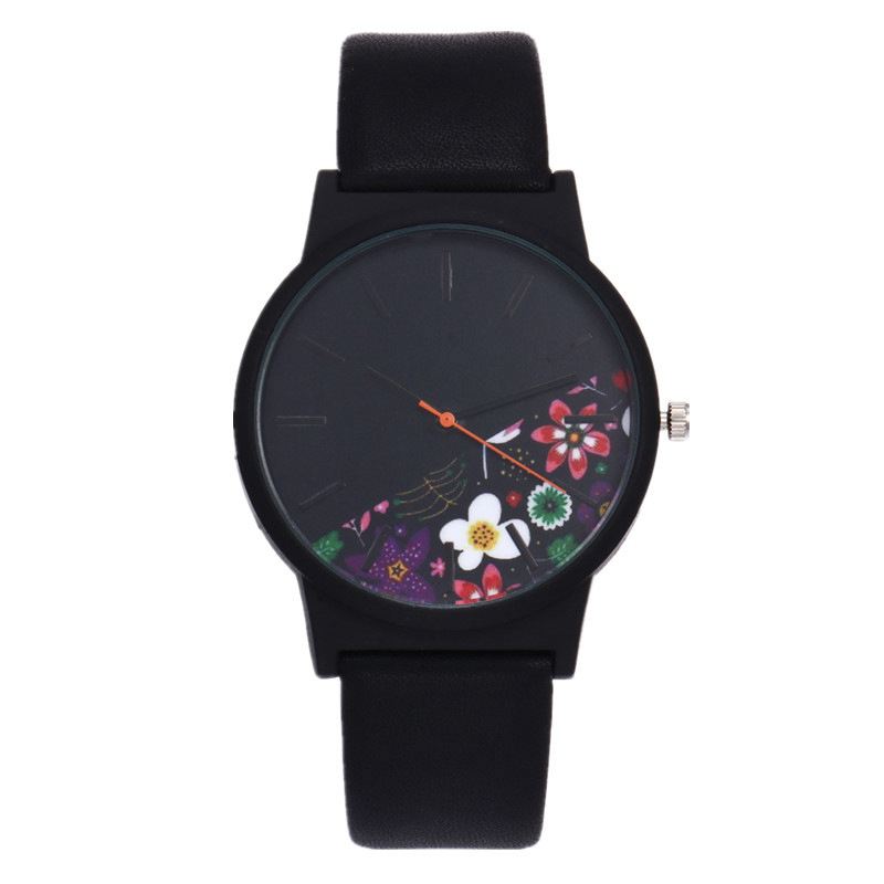 Mode Kvinder Quartz Watch Rose Patten Casual Dial Læderrem Armbåndsur