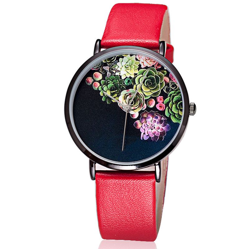Mode Kvinder Ultra-tynd Urkasse Blomster Pattern Dial Læderrem Quartz Watch