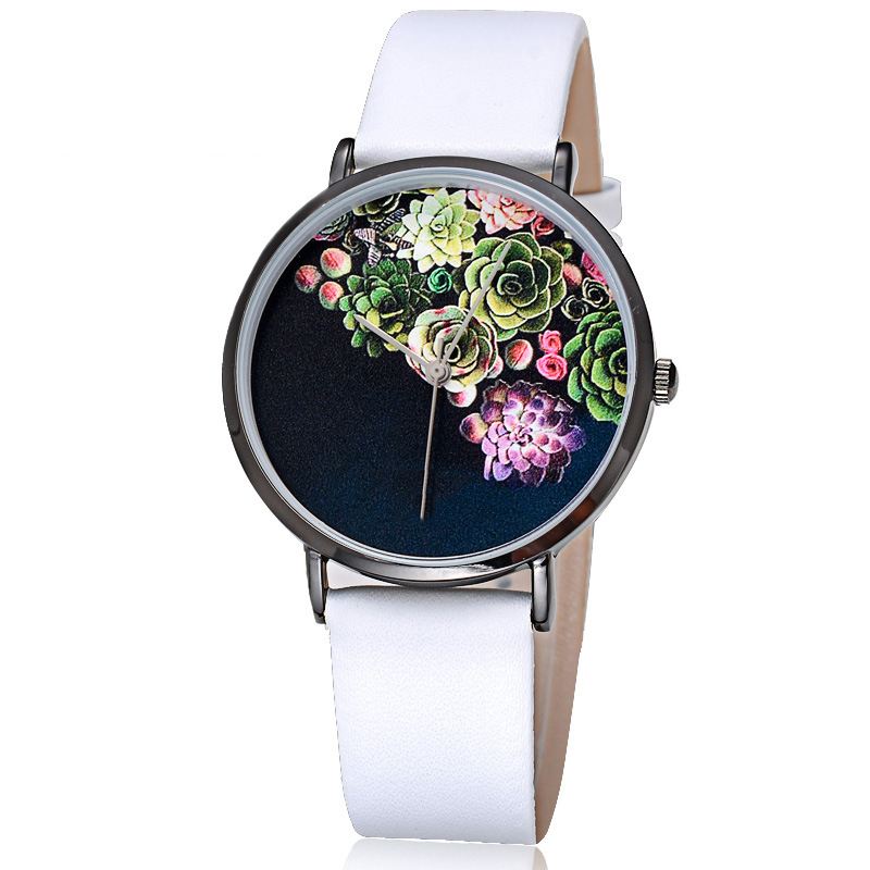 Mode Kvinder Ultra-tynd Urkasse Blomster Pattern Dial Læderrem Quartz Watch