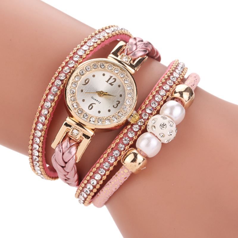Mode Style Kvinder Pearl Braided Dame Armbåndsur Laides Dress Quartz Watch Armbånd