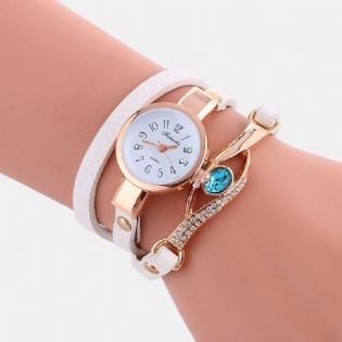 Retro Pu-rem Rhinestone Multi-layer Lady Watch Metal Blå Krystal Justerbar Armbåndsur Quartz Watch