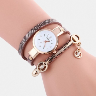 Retro Pu-rem Rhinestone Multi-layer Watch Metal Pendant Justerbar Classic Lady Quartz Watch