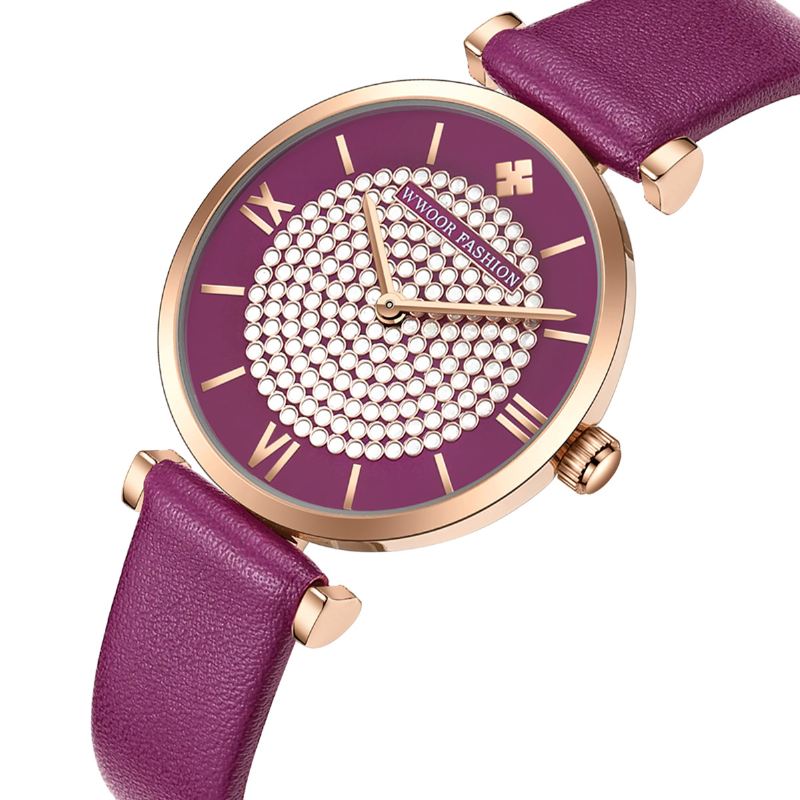 Sky Diamond Dial Dame Armbåndsur Læder Watch Band Quartz Watch