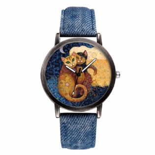 Temperament Tegneserie Kat Blank Dial All-match Denim Strap Kvinder Quartz Watch Armbåndsur