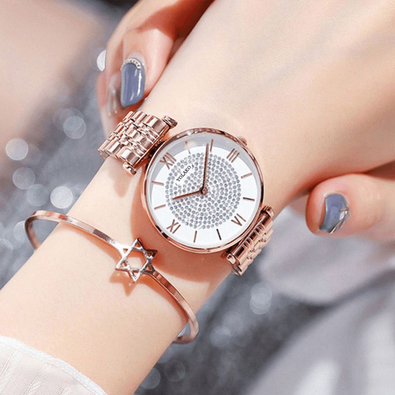 Trendy Elegant Kvinder Ure Fuld Romertal Rhinestones Mount Dial Quartz Ure