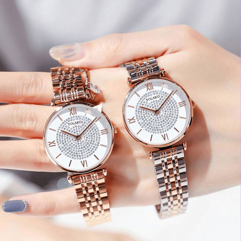 Trendy Elegant Kvinder Ure Fuld Romertal Rhinestones Mount Dial Quartz Ure