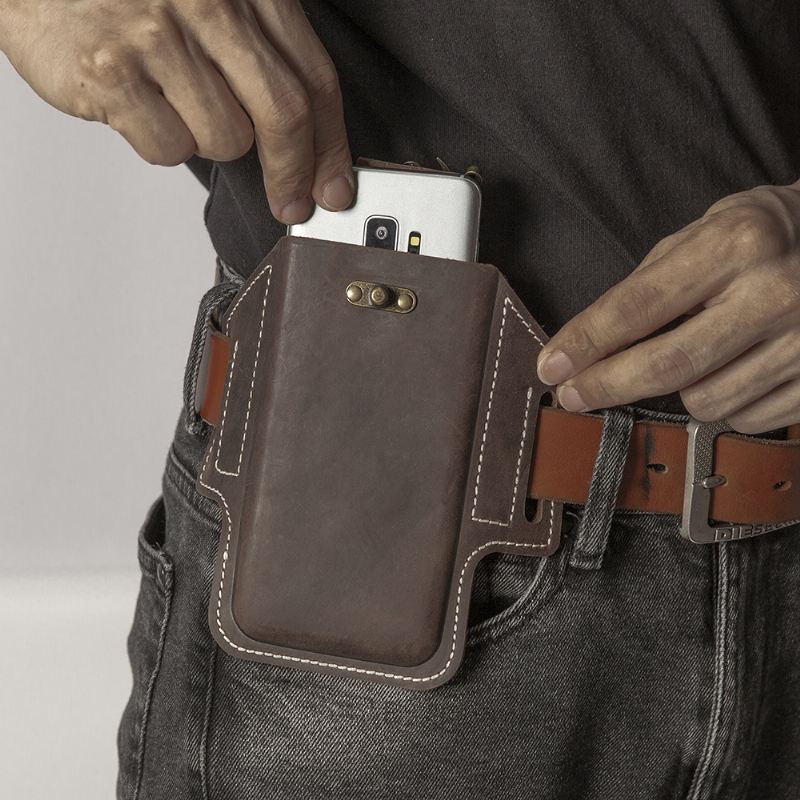 Mænd Ægte Læder Edc Taske Taljepakke 6.3 Tommer Telefontaske Med Bælteløkker