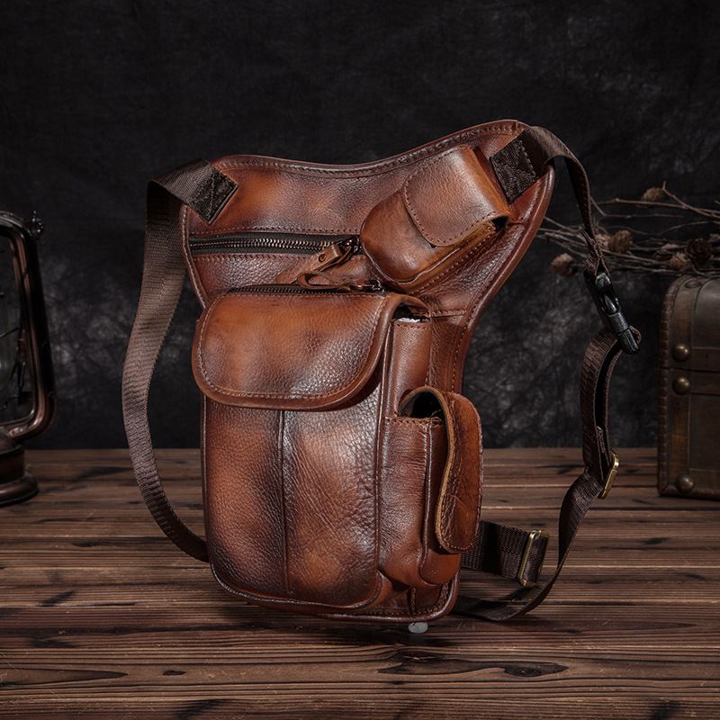 Mænd Ægte Læder Multi-carry Retro 7 Tommer Telefonkamera Udendørs Taljetaske Crossbody Taske