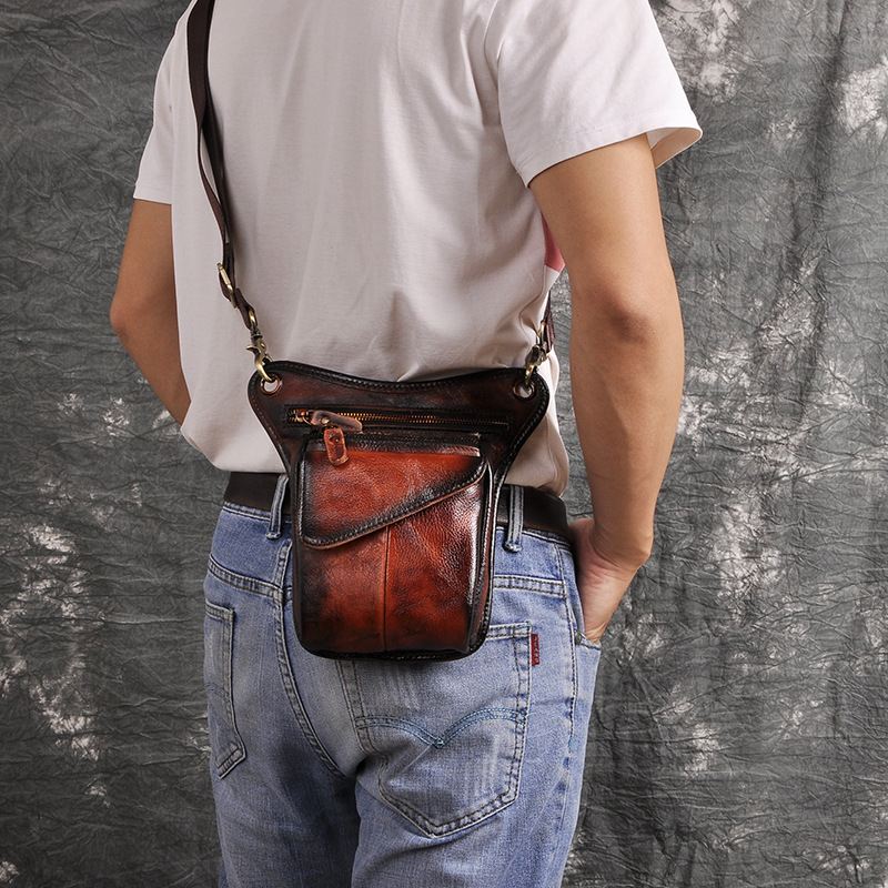 Mænd Ægte Læder Multi-carry Retro 8 Tommer Udendørs Telefonkamera Taljetaske Crossbody Taske