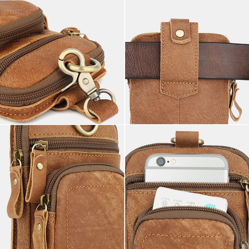 Mænd Ægte Læder Multi-pocket Bæltetaske Retro 6.5 Tommer Telefontaske Taljetaske Med Krog