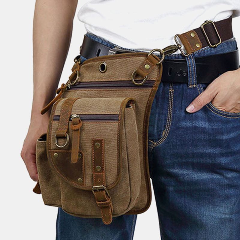 Mænd Ægte Læder Og Lærred Cykling Udendørs Sportsbentaske Taljetaske Crossbody-taske