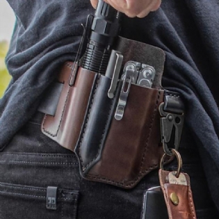 Mænd Edc Ægte Læder Multiværktøj Lommelygte Nøgle Pen Organizer Gear Talje Bælte Taske