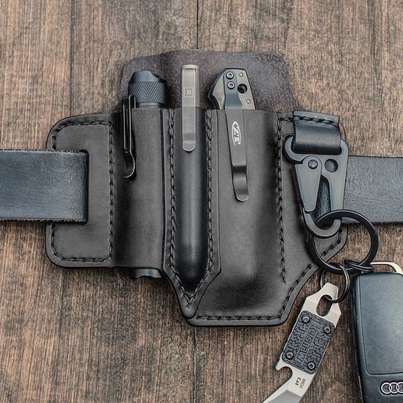 Mænd Edc Ægte Læder Multiværktøj Lommelygte Nøgle Pen Organizer Gear Talje Bælte Taske