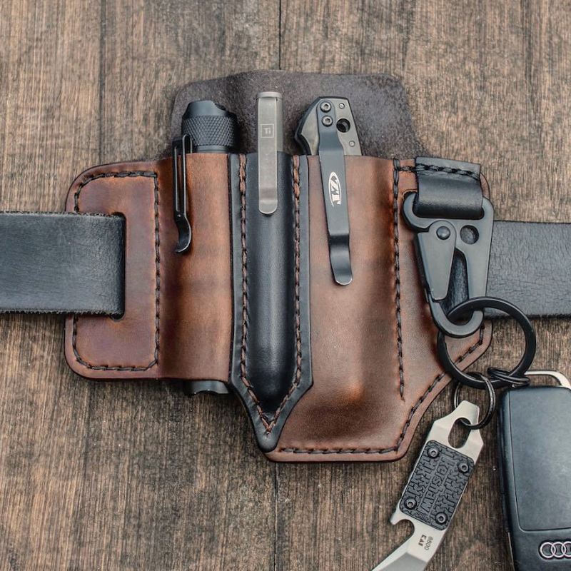 Mænd Edc Ægte Læder Multiværktøj Lommelygte Nøgle Pen Organizer Gear Talje Bælte Taske