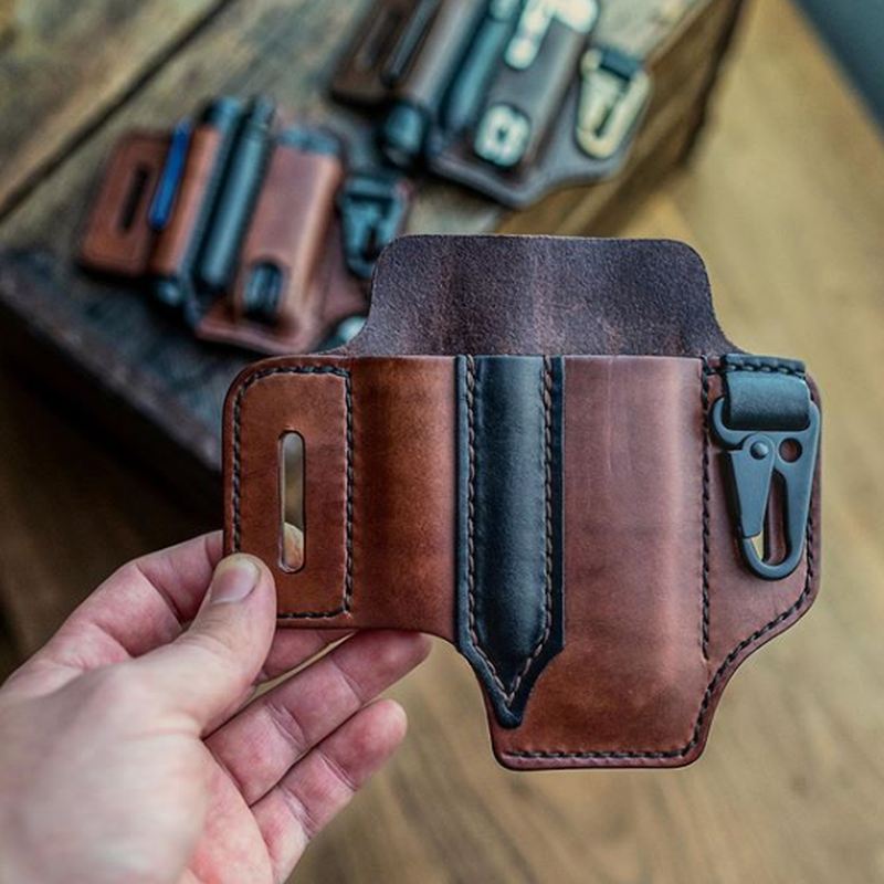 Mænd Edc Ægte Læder Multiværktøj Lommelygte Nøgle Pen Organizer Gear Talje Bælte Taske
