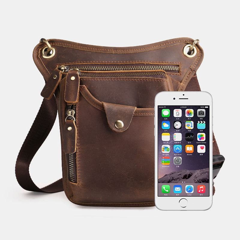 Mænd Retro Ægte Læder Multi-pocket Taljetaske Outdoor Sport 6.5 Tommer Telefontaske Lynlås Crossbody Tasker Skuldertaske