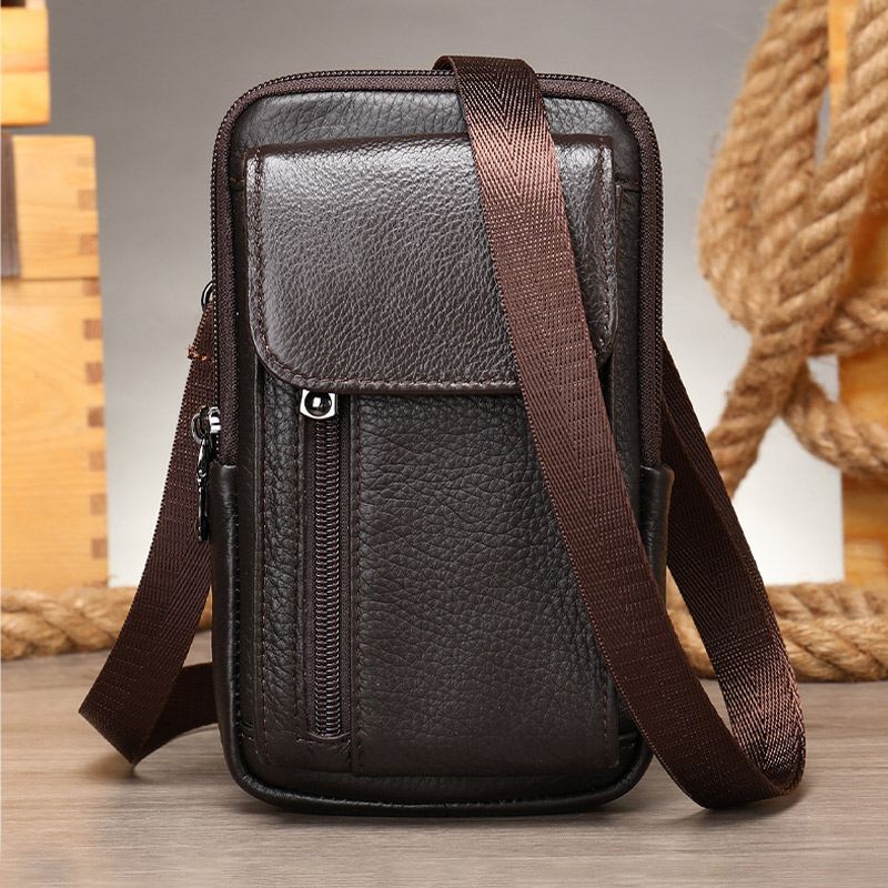 Mænd Retro Dobbeltlags Kohud-taljetaske Casual Slid-resistent 6.5 Tommer Telefontaske Bæltetaske Crossbody-taske Skuldertaske