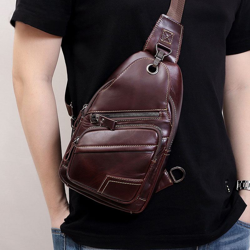 Ægte Læder Til Mænd Med Stor Kapacitet Udendørs Afslappet Brysttaske Cabriolet Skulderrem Multi-pocket Skuldertaske Crossbody Taske