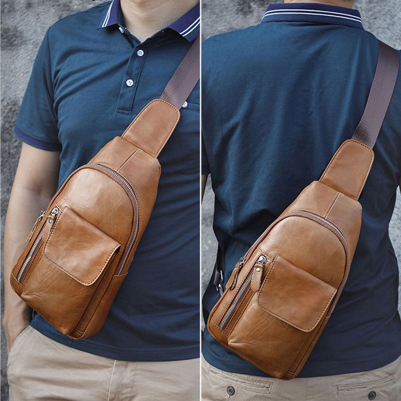 Mænd Ægte Læder Blød Vandtæt Brysttaske Udendørs Sport Retro Crossbody Tasker Med Stor Kapacitet Skuldertaske