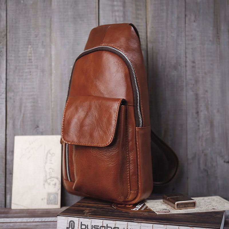 Mænd Ægte Læder Blød Vandtæt Brysttaske Udendørs Sport Retro Crossbody Tasker Med Stor Kapacitet Skuldertaske