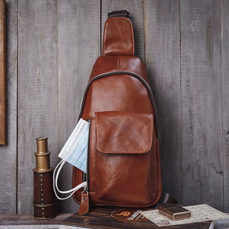 Mænd Ægte Læder Blød Vandtæt Brysttaske Udendørs Sport Retro Crossbody Tasker Med Stor Kapacitet Skuldertaske