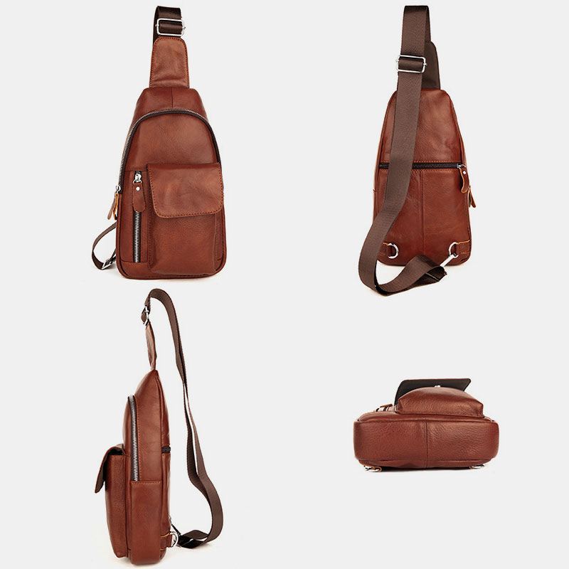 Mænd Ægte Læder Blød Vandtæt Brysttaske Udendørs Sport Retro Crossbody Tasker Med Stor Kapacitet Skuldertaske