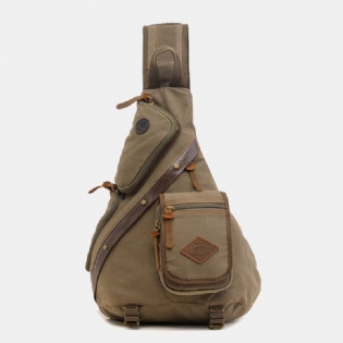 Mænd Ægte Læder Og Lærred Rejse Udendørs Bæretaske Multi-pocket Crossbody Taske Brysttaske