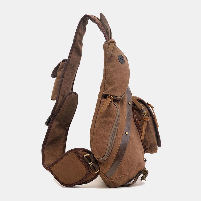 Mænd Ægte Læder Og Lærred Rejse Udendørs Bæretaske Multi-pocket Crossbody Taske Brysttaske