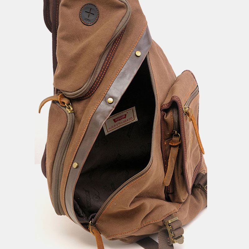 Mænd Ægte Læder Og Lærred Rejse Udendørs Bæretaske Multi-pocket Crossbody Taske Brysttaske