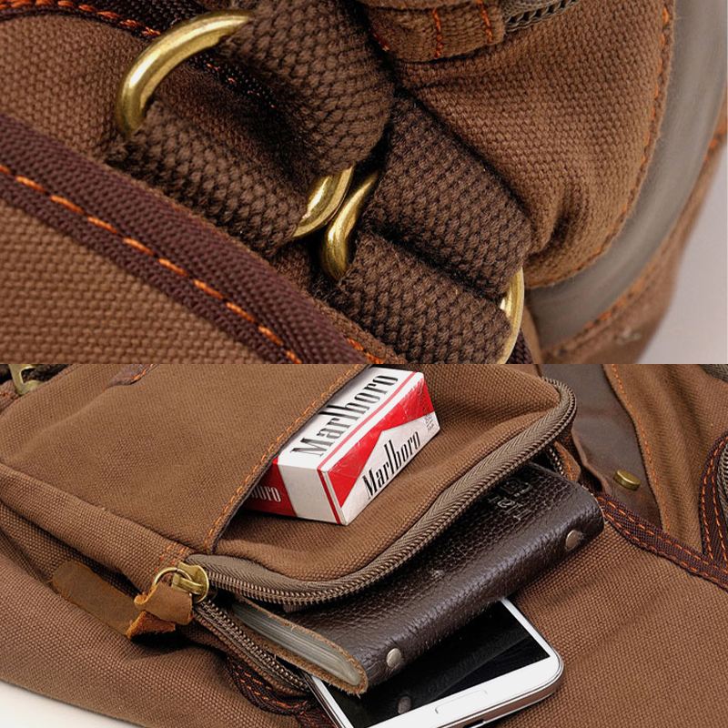 Mænd Ægte Læder Og Lærred Rejse Udendørs Bæretaske Multi-pocket Crossbody Taske Brysttaske