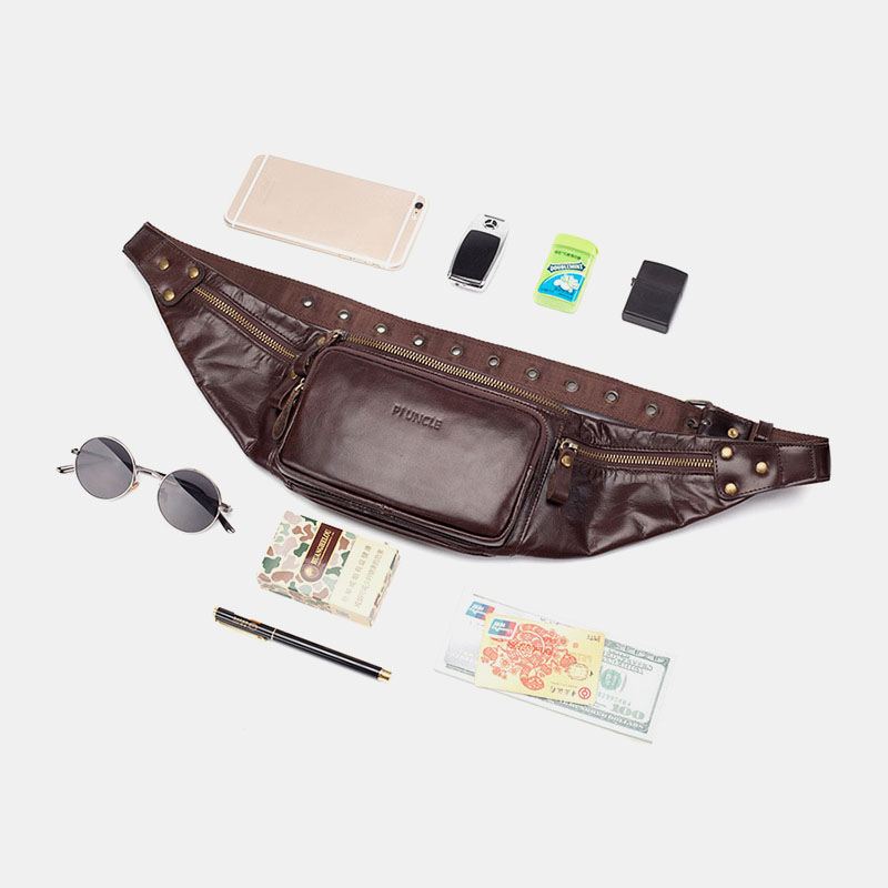 Mænd Ægte Læder Retro Sport Udendørs Multi-bære Brysttaske Slyngetaske Crossbody Taske Taljetaske