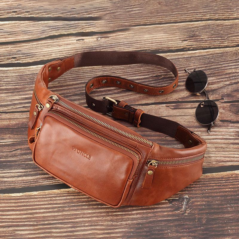 Mænd Ægte Læder Retro Sport Udendørs Multi-bære Brysttaske Slyngetaske Crossbody Taske Taljetaske