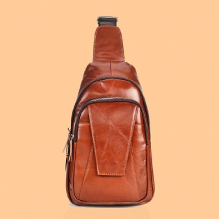 Mænd Ægte Læder Ryg Tyverisikring Lynlås Lomme Brysttaske Mode Afslappet Slid-resistent Crossbody Taske Skuldertaske