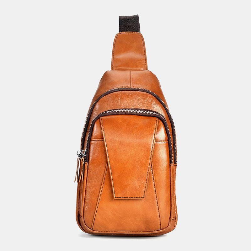 Mænd Ægte Læder Ryg Tyverisikring Lynlås Lomme Brysttaske Mode Afslappet Slid-resistent Crossbody Taske Skuldertaske