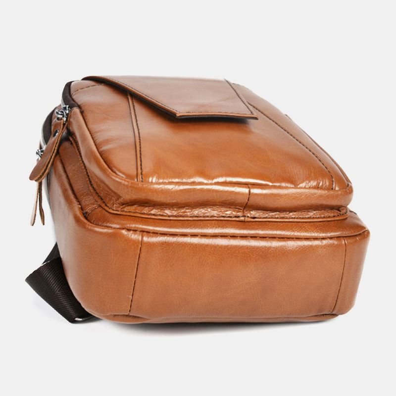 Mænd Ægte Læder Ryg Tyverisikring Lynlås Lomme Brysttaske Mode Afslappet Slid-resistent Crossbody Taske Skuldertaske