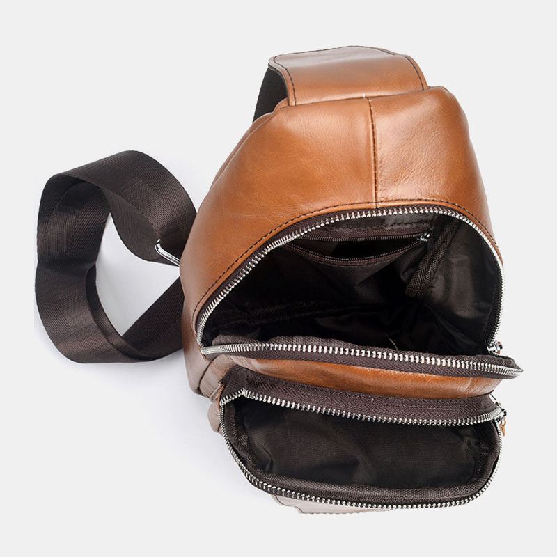 Mænd Ægte Læder Ryg Tyverisikring Lynlås Lomme Brysttaske Mode Afslappet Slid-resistent Crossbody Taske Skuldertaske