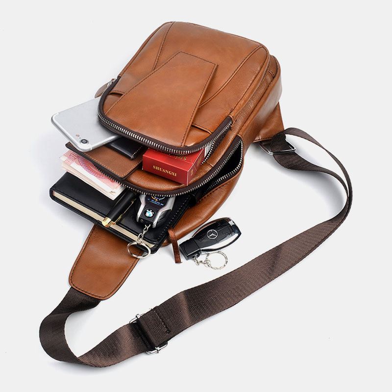 Mænd Ægte Læder Ryg Tyverisikring Lynlås Lomme Brysttaske Mode Afslappet Slid-resistent Crossbody Taske Skuldertaske