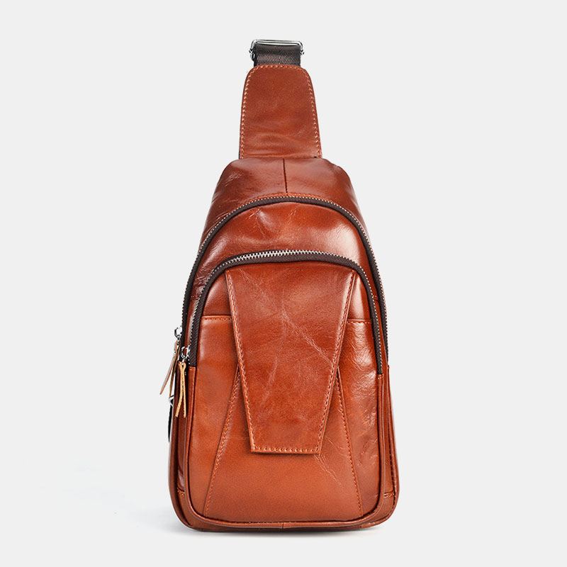 Mænd Ægte Læder Ryg Tyverisikring Lynlås Lomme Brysttaske Mode Afslappet Slid-resistent Crossbody Taske Skuldertaske