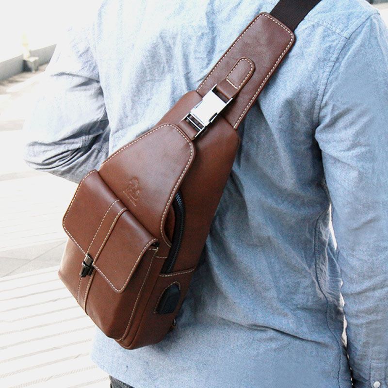 Mænd Ægte Læder Usb-opladning Retro Casual Koskind Brysttaske Sling Bag Crossbody-taske