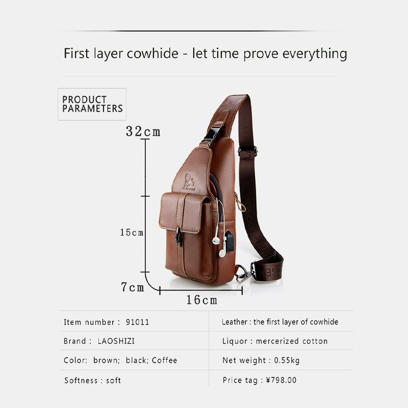 Mænd Ægte Læder Usb-opladning Retro Casual Koskind Brysttaske Sling Bag Crossbody-taske